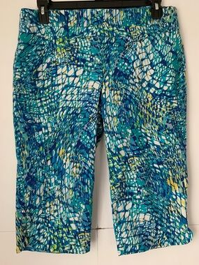 Attyre New York Blue Teal Multi-Print Pull On Capris Size 14